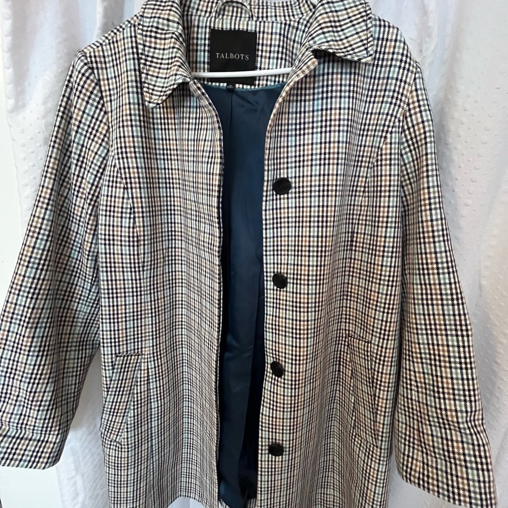 Talbots Black and Cream Trench Coat with Plaid Pattern